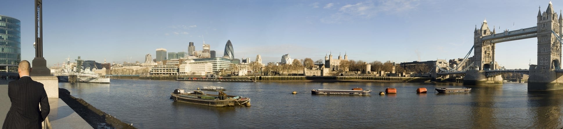 View of the skyline of London showing Tower Bridge, the 'Gherkin' building and HMS Belfast (DP040482)