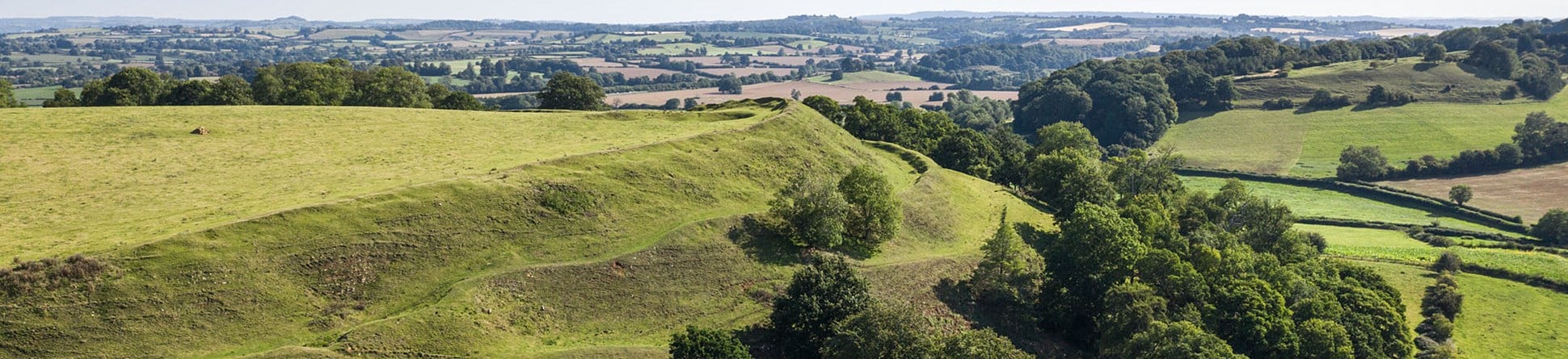 Grassy hill with plateau top and ramparts on its slopes.