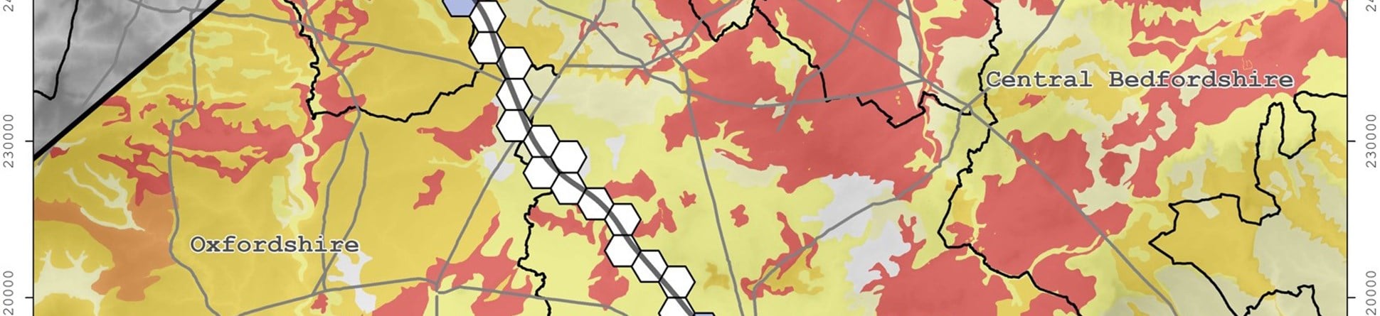 Detail of mapping of predicted density of Roman farms against different soil types indicated by different shaded colours.