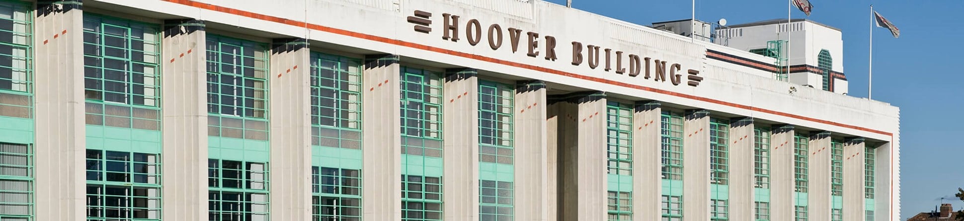 Front view of the Egyptian Art Deco Hoover Factory.