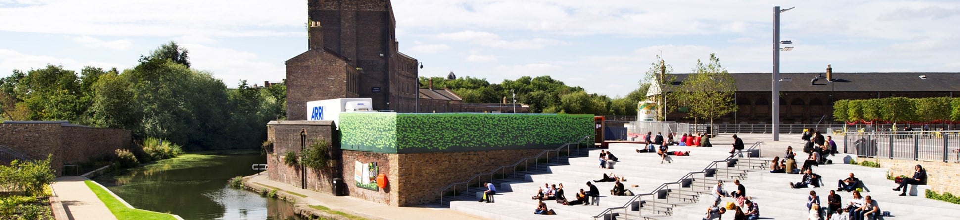 General view of the redeveloped canal basin near King's Cross station, Euston Road, London.